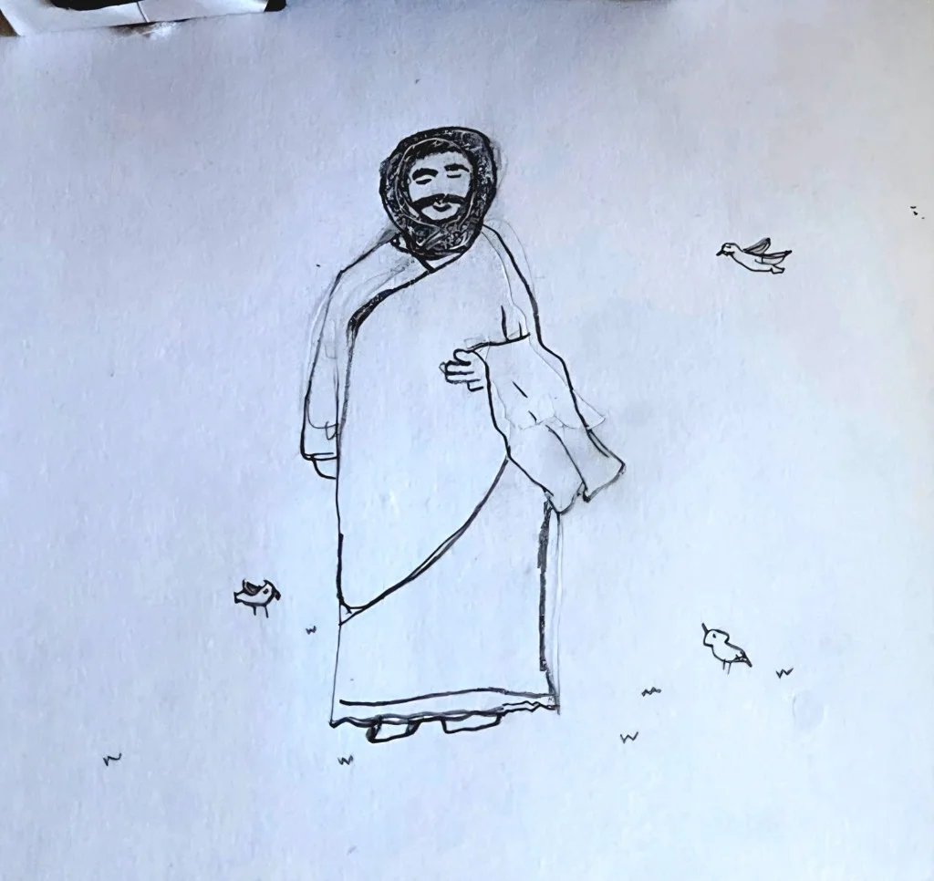 Saint meditating with birds ink sketch by Aayaan